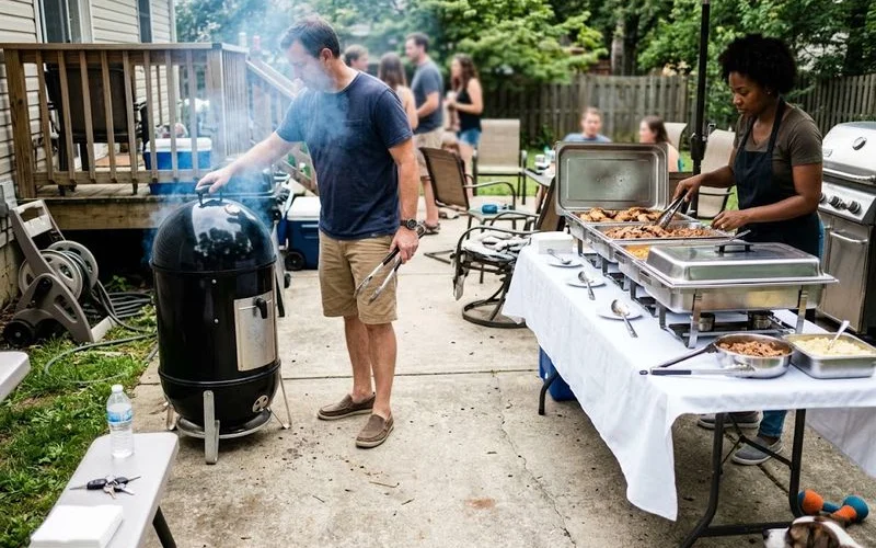 A side-by-side scene showing a home smoker in a backyard on one side and a catering buffet table with chafing dishes on the other