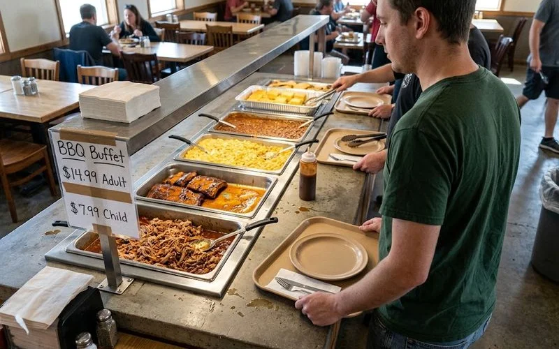 A BBQ buffet line with chafing dishes of brisket, ribs, pulled pork, and sides, with a sign showing lunch and dinner pricing tiers