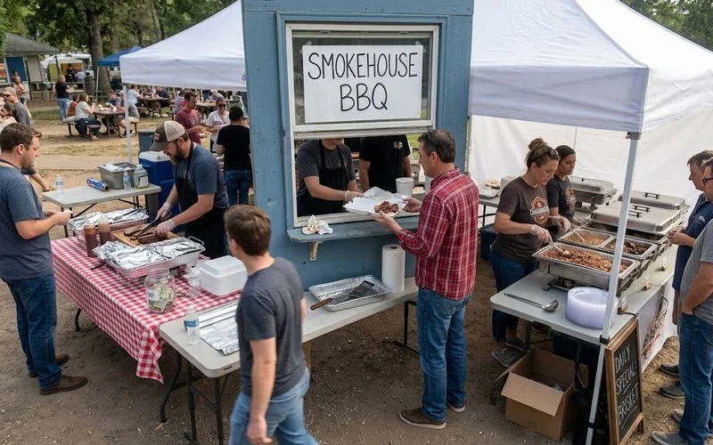 Three side-by-side scenes representing a restaurant buffet line, a catering delivery setup with trays, and a food truck serving a line of customers