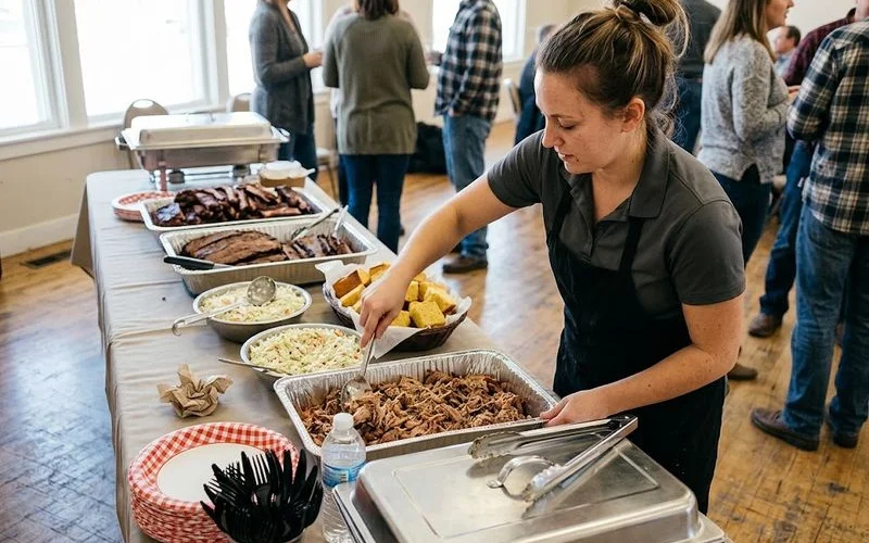 A catered BBQ buffet spread with chafing dishes of brisket, pulled pork, and ribs alongside classic sides on a serving table
