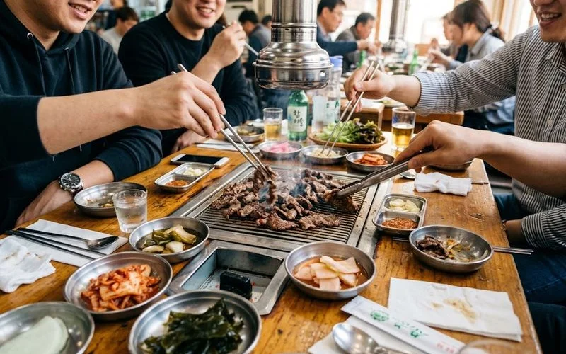 A table-mounted grill at a Korean BBQ restaurant with thin-sliced marinated beef, small side dish bowls of banchan, and lettuce leaves arranged for wrapping