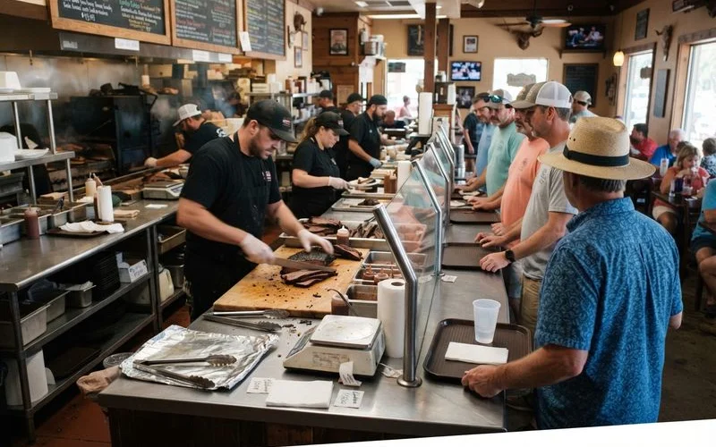 A line of customers waiting to order at a busy BBQ restaurant counter with a menu board and smoked meats visible behind the counter