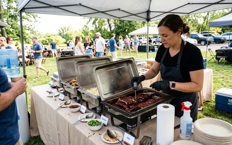 A catered outdoor BBQ buffet set up under a shaded tent with chafing dishes keeping brisket and sides warm on a hot day
