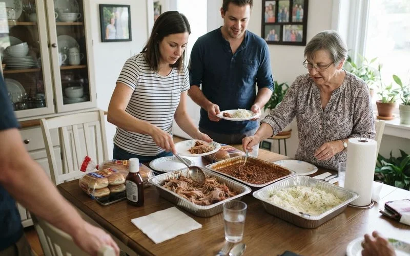 A simple, warm BBQ buffet spread set up in a home dining room for a family gathering, with familiar comfort dishes and no formal place settings