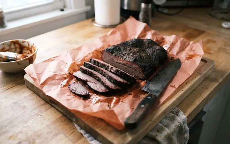 A sliced smoked brisket showing a dark bark exterior and a visible pink smoke ring, plated with classic BBQ sides on a wooden board