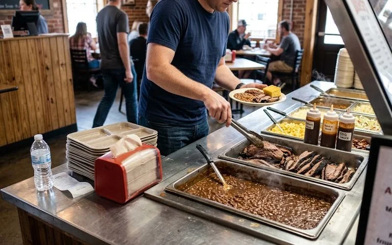 A single diner seated at a counter in a BBQ buffet restaurant with a plate of smoked ribs, pulled pork, and sides, and other tables visible in the background